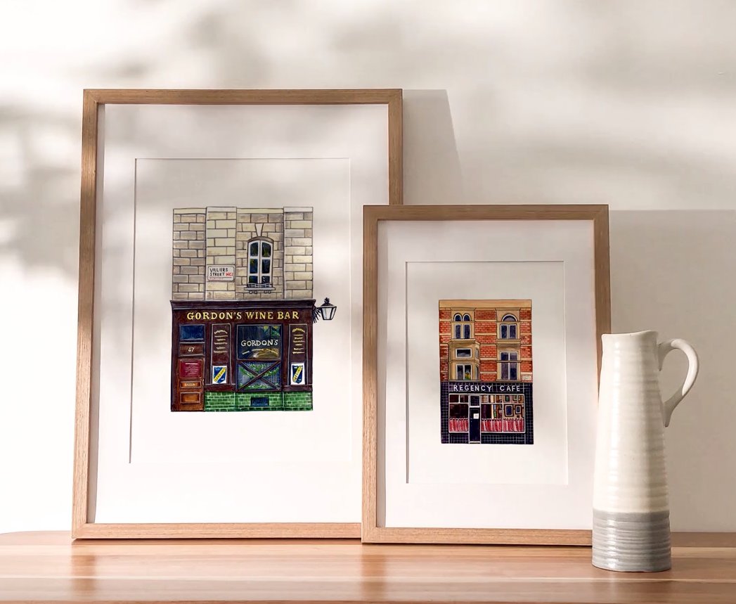 Gordons wine bar print and regency cafe print with vase