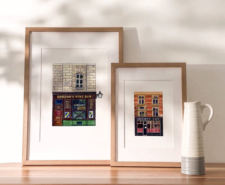 Gordons wine bar print and regency cafe print with vase