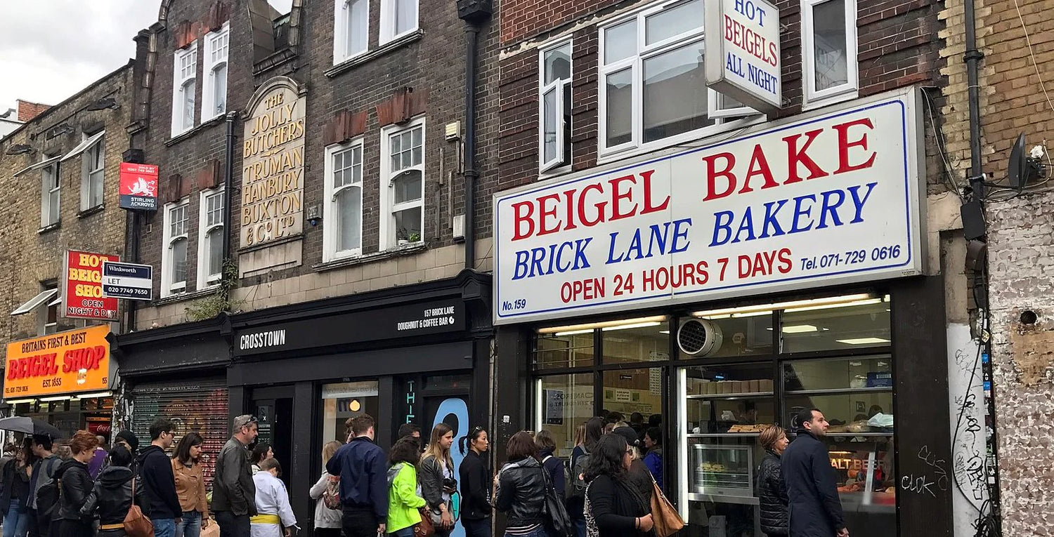 Beiges bake shop in brick lane with crowds queued outside