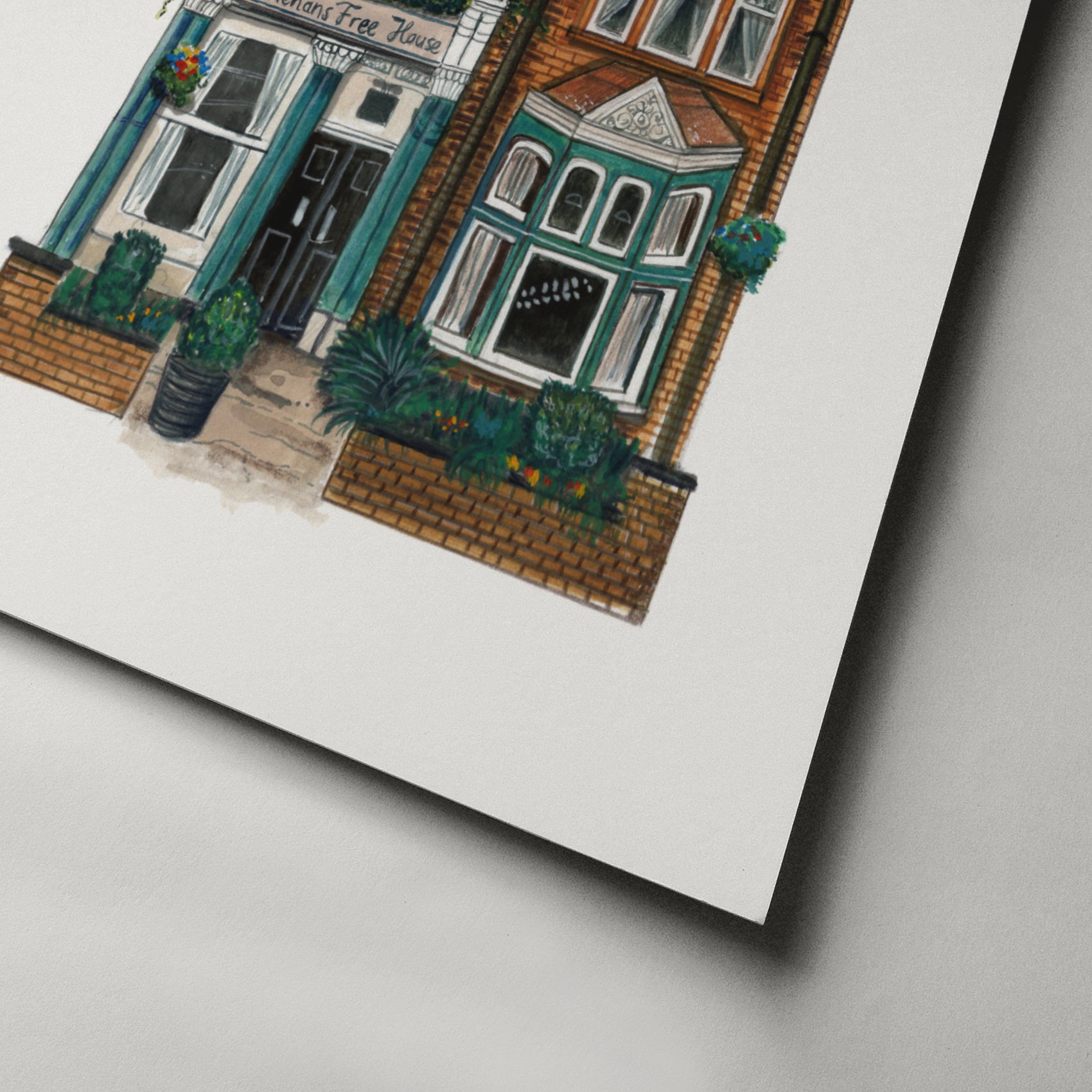 Close-up of of the bottom of Skehans pub art print on white background