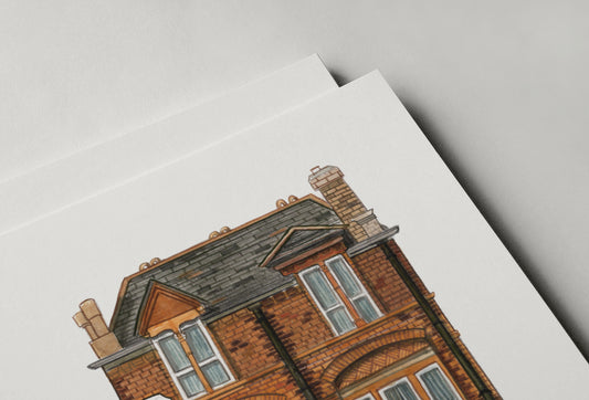 Close-up of Skehans pub art print on white background