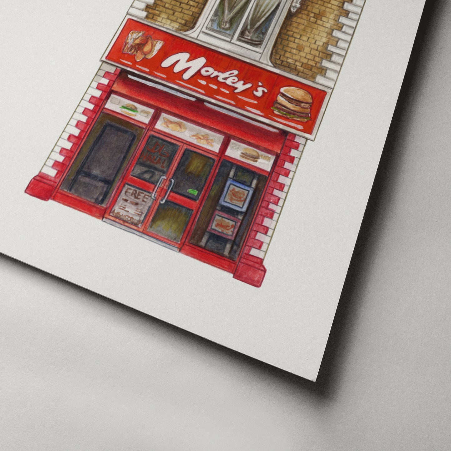 Close up art print of Morley’s chicken shop focused on the bottom right