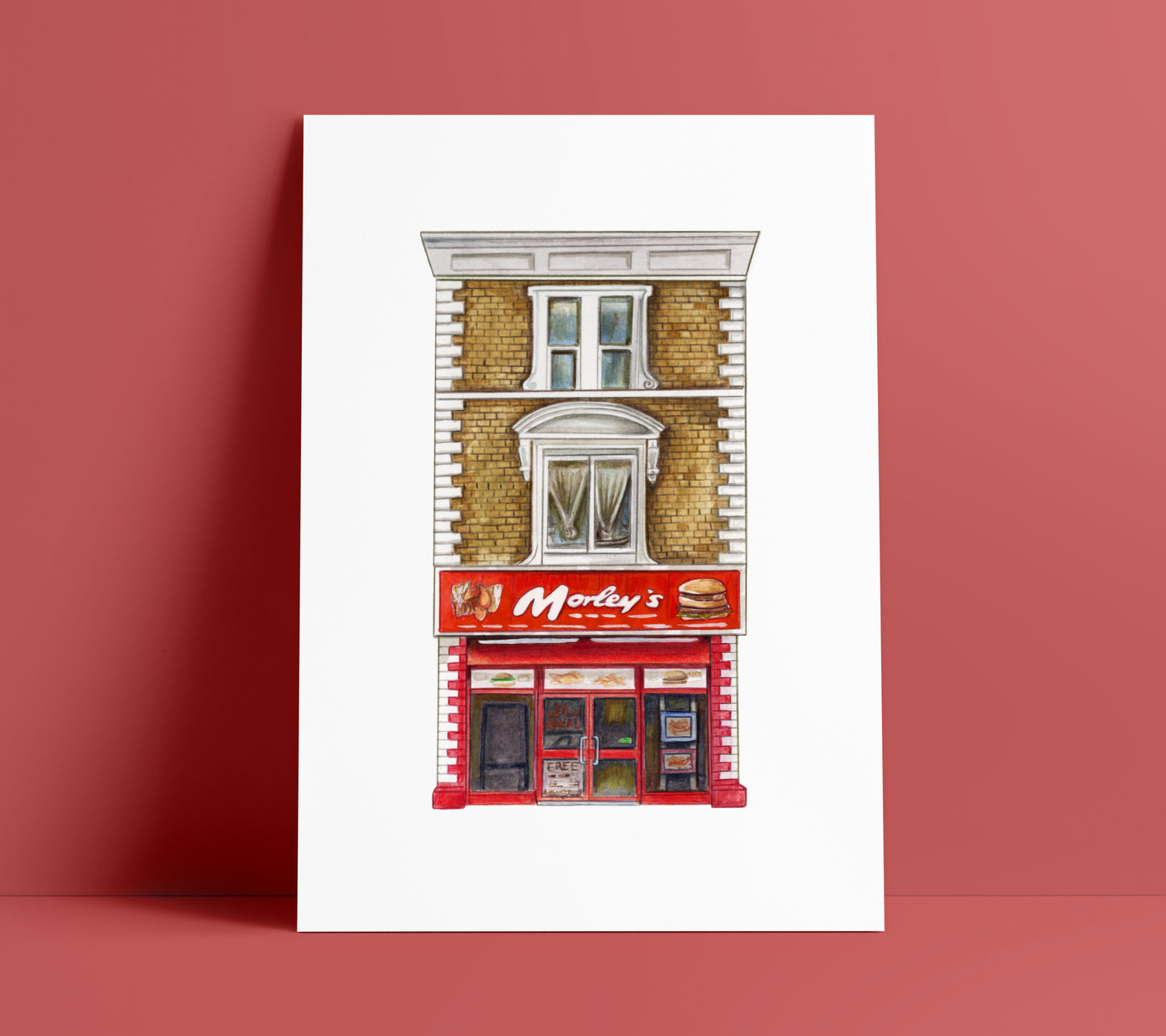 Morley’s chicken shop art print on red background