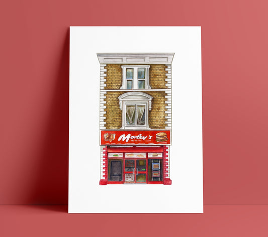 Morley’s chicken shop art print on red background